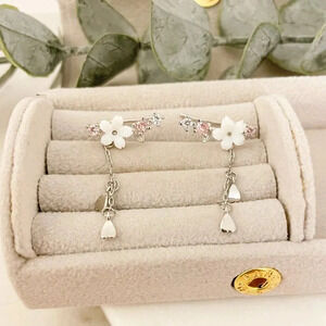 Delicate White Flower Drop Earrings with Pink Crystal Accents